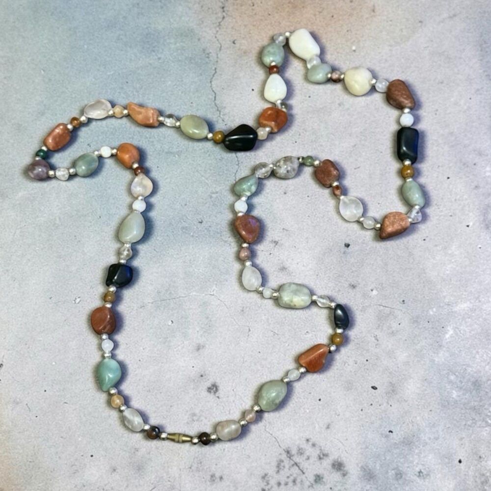 Vintage 36” Multi-Stone Tumbled Nugget Beggar’s Bead Necklace Bohemian Hippie